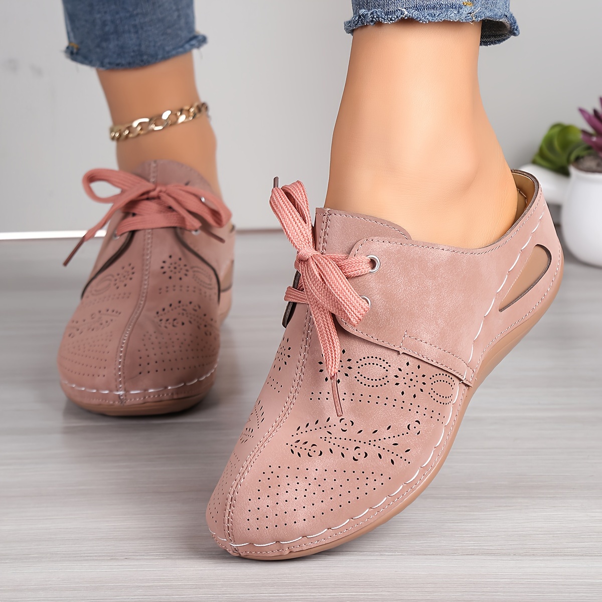 Women s Solid Color Casual Sandals, Lace Up Soft Sole Platform Closed Toe Shoes, Low Wedge Versatile Shoes details 2