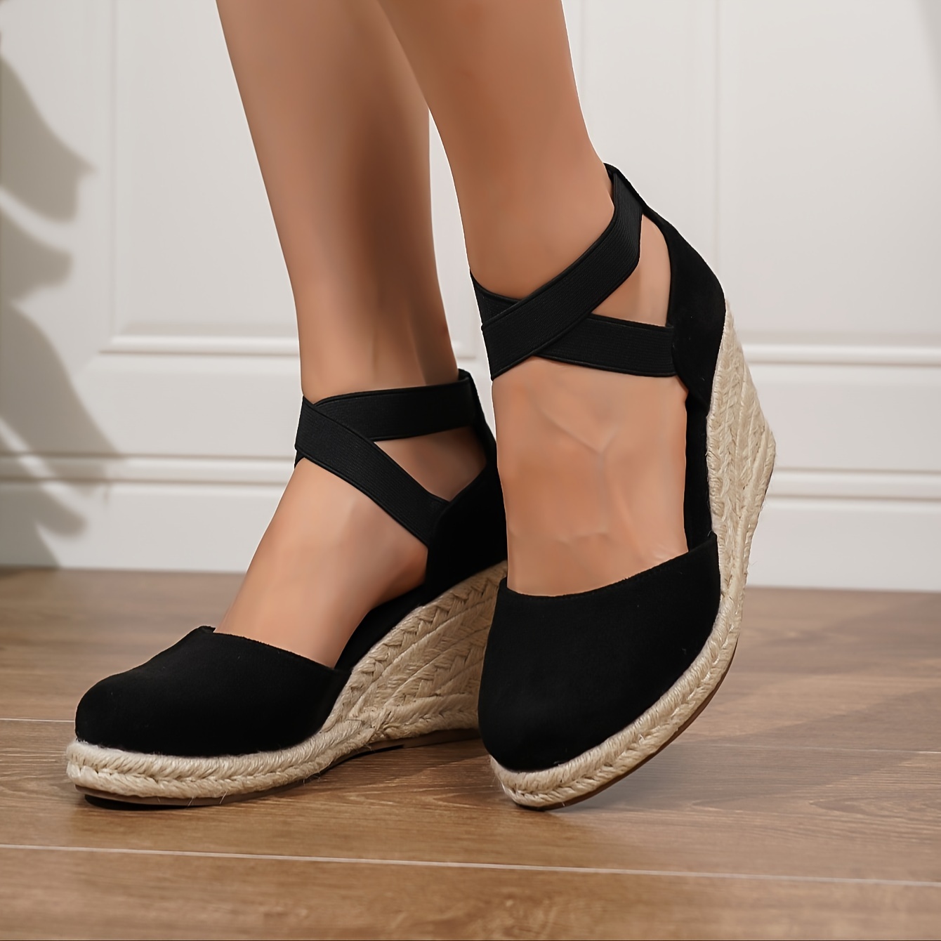 womens solid color trendy sandal elastic band platform closed toe espadrilles shoes hollow out wedge comfy shoes details 5