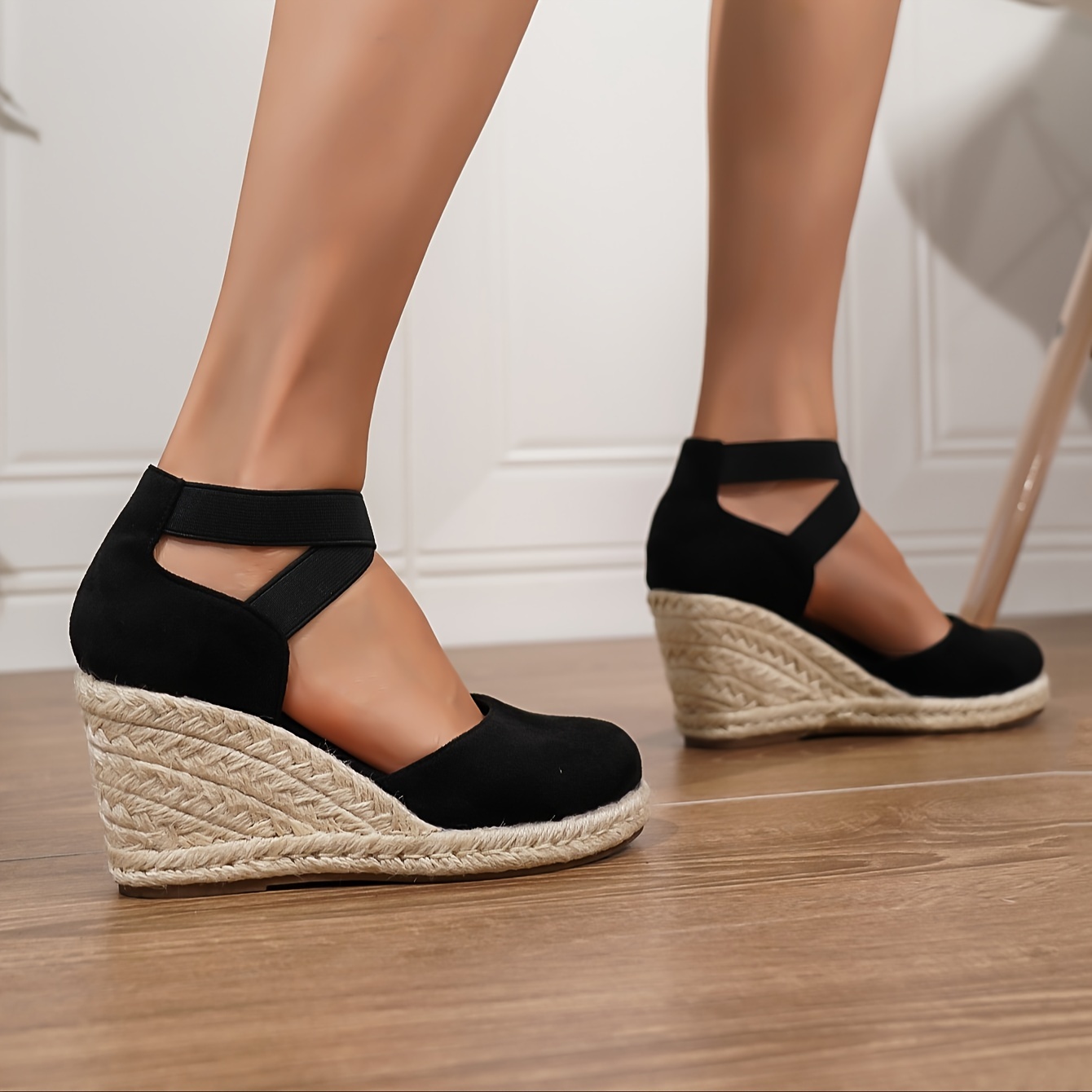 womens solid color trendy sandal elastic band platform closed toe espadrilles shoes hollow out wedge comfy shoes details 6