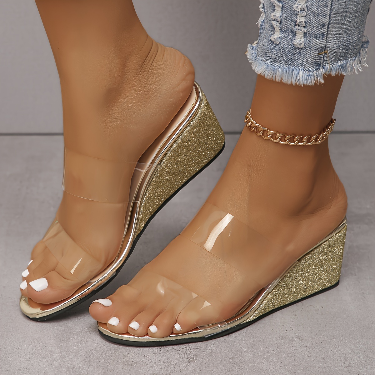 womens glitter wedge sandals transparent two bands open toe summer shoes fashion outdoor beach slide sandals details 5