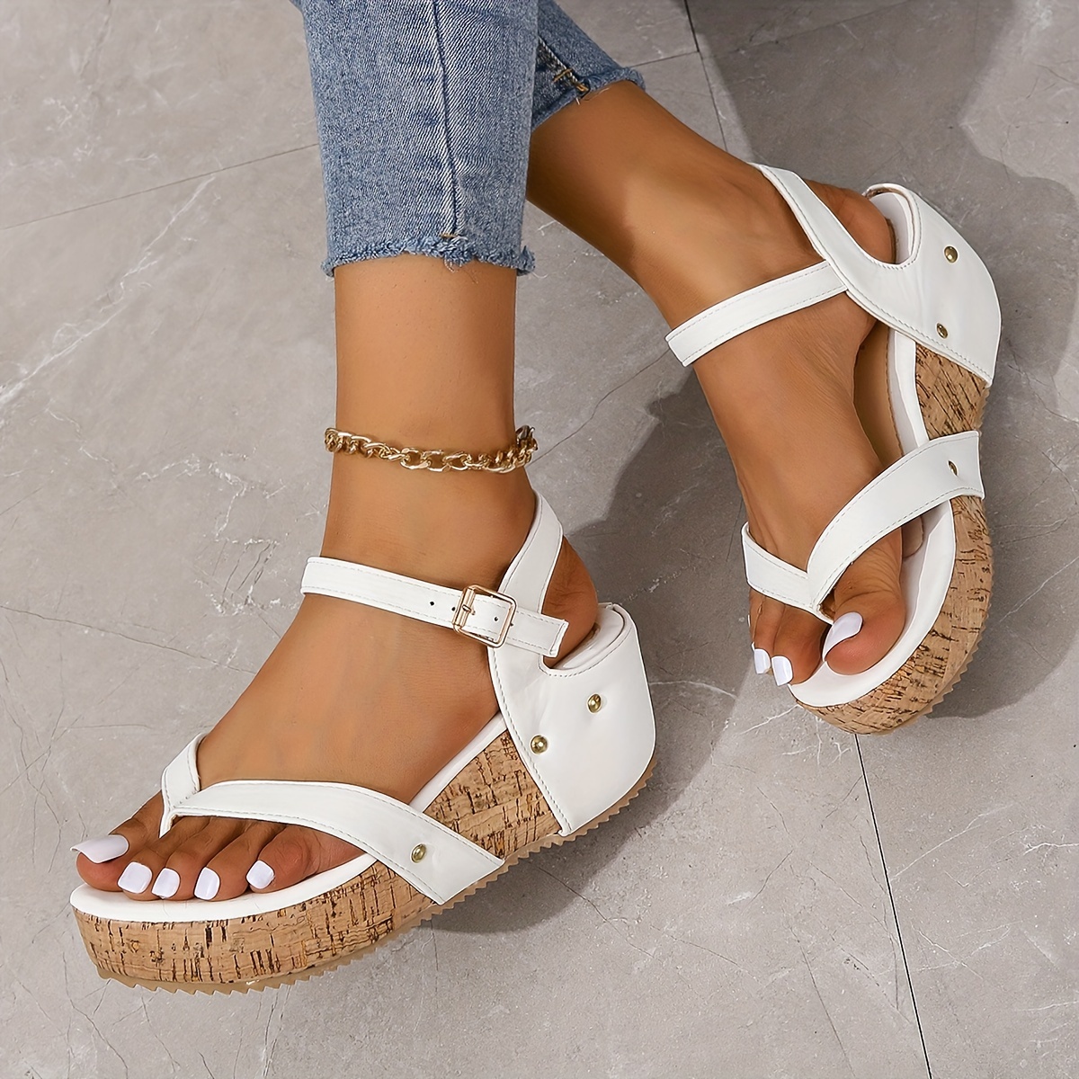 womens solid color thong sandals ankle buckle strap platform comfy shoes versatile summer slingback wedge shoes details 5