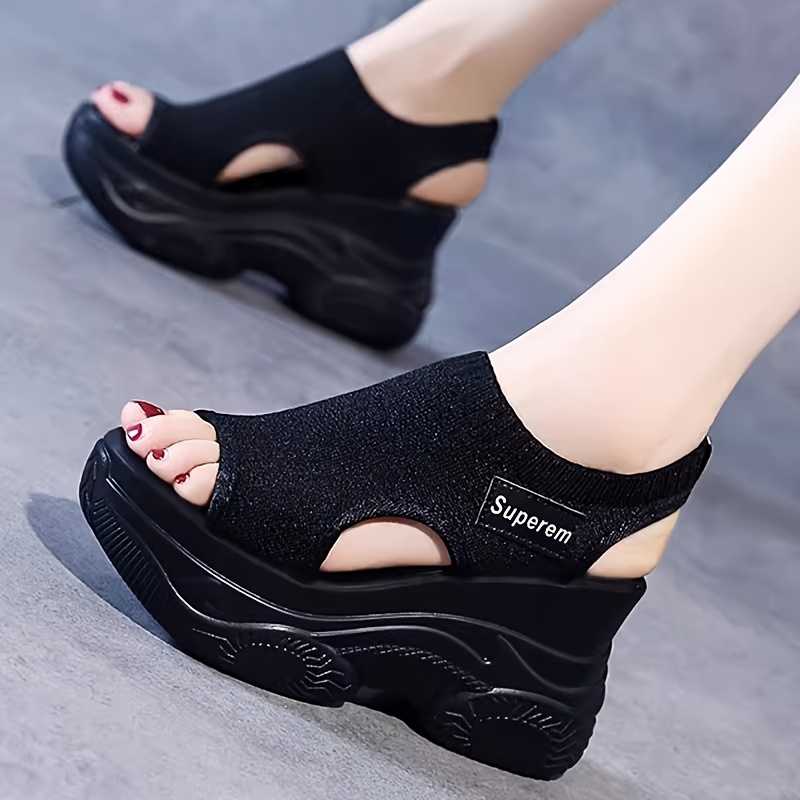 womens solid color stylish sandals slip on platform soft sole casual stretch shoes summer versatile wedge shoes details 2