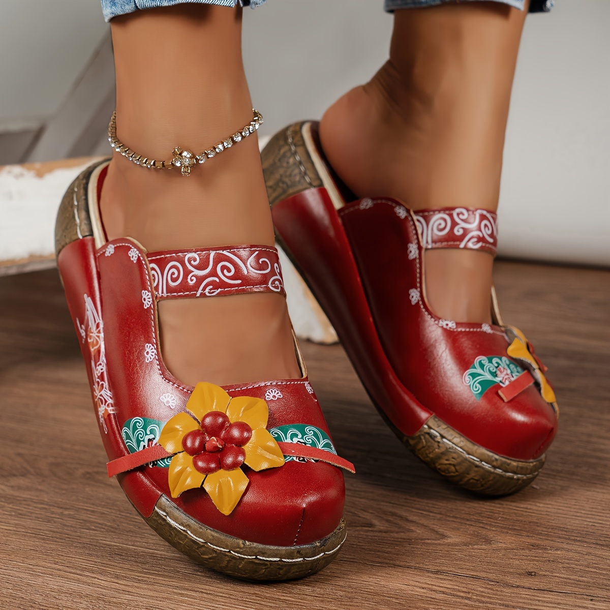 womens retro flower decor wedge sandals casual round toe slip on backless shoes outdoor summer slide sandals details 0