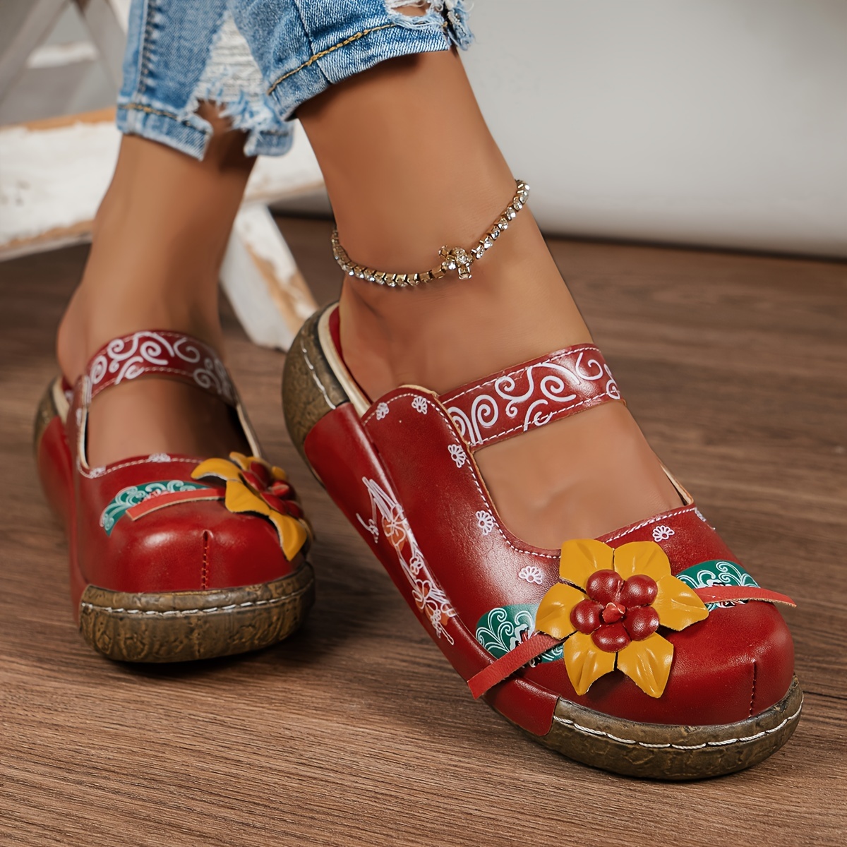 womens retro flower decor wedge sandals casual round toe slip on backless shoes outdoor summer slide sandals details 1