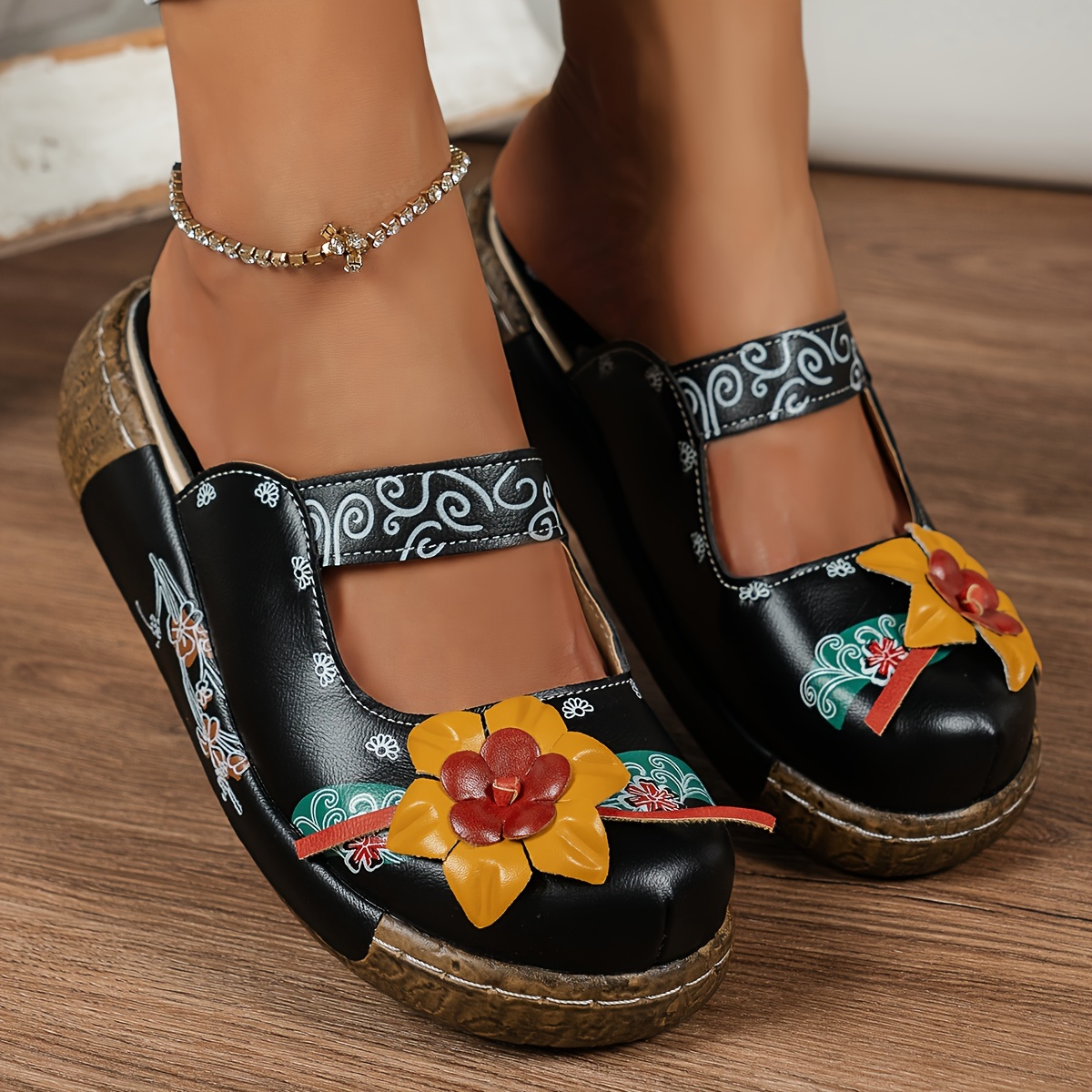 womens retro flower decor wedge sandals casual round toe slip on backless shoes outdoor summer slide sandals details 5