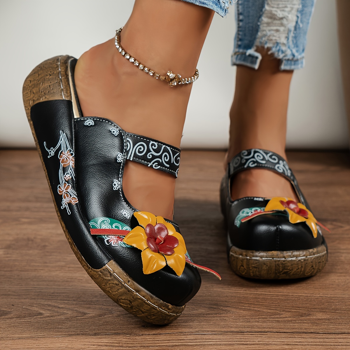 womens retro flower decor wedge sandals casual round toe slip on backless shoes outdoor summer slide sandals details 7