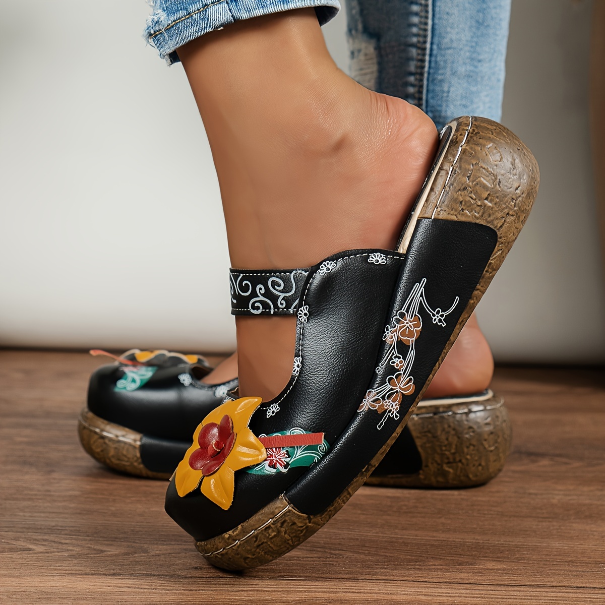 womens retro flower decor wedge sandals casual round toe slip on backless shoes outdoor summer slide sandals details 9