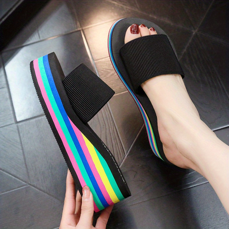 womens rainbow sole wedge slides open toe single band slide shoes platform beach slide sandals details 3