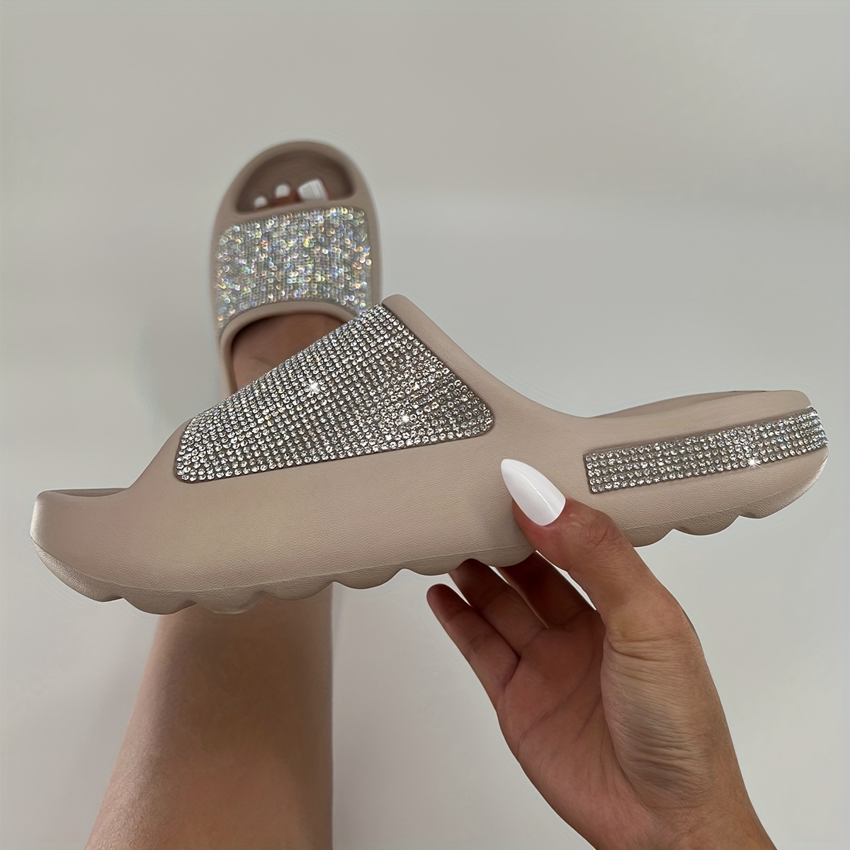 womens rhinestone decor pillow slides slip on open toe soft sole thick bottom shoes glitter comfy summer shoes details 1