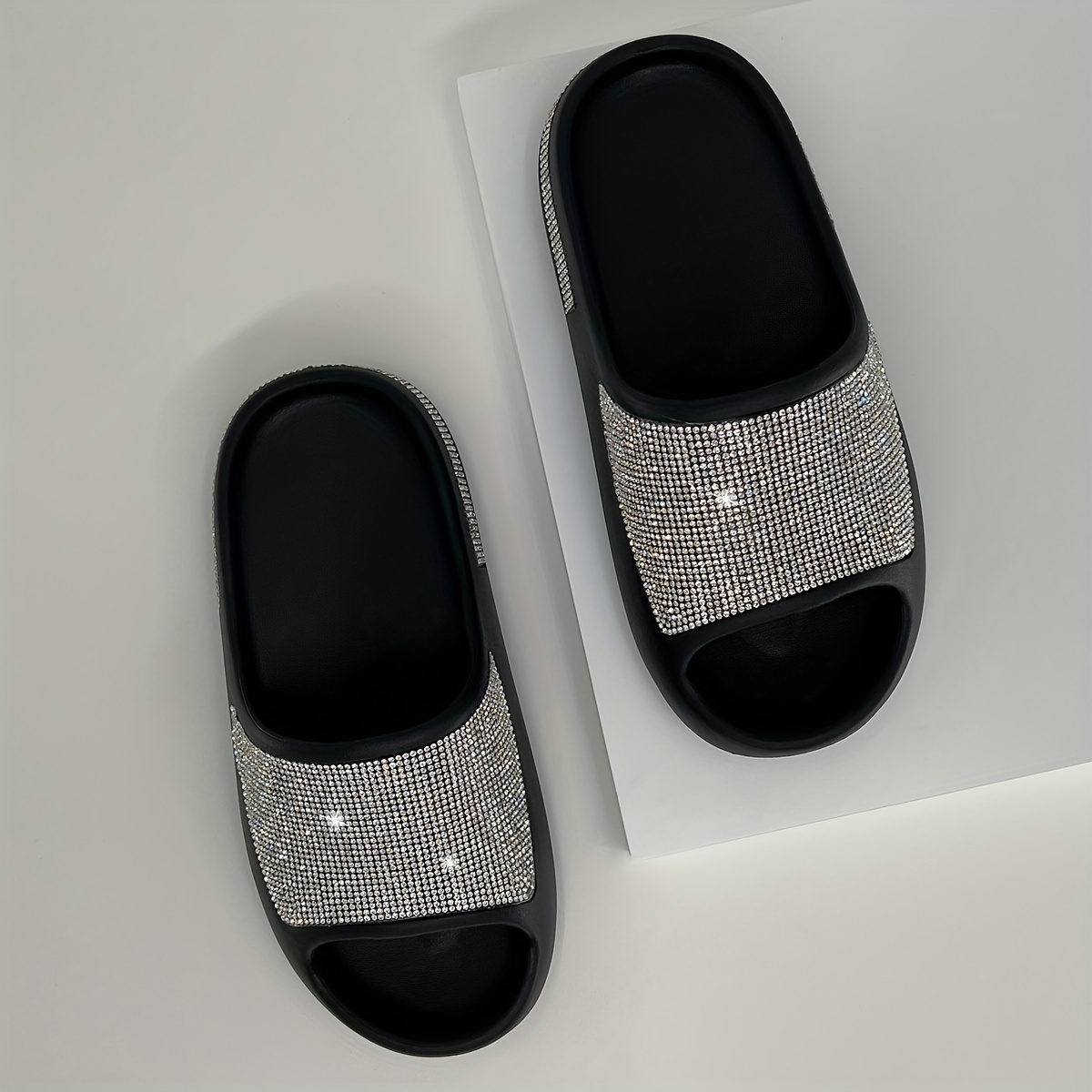 womens rhinestone decor pillow slides slip on open toe soft sole thick bottom shoes glitter comfy summer shoes details 5