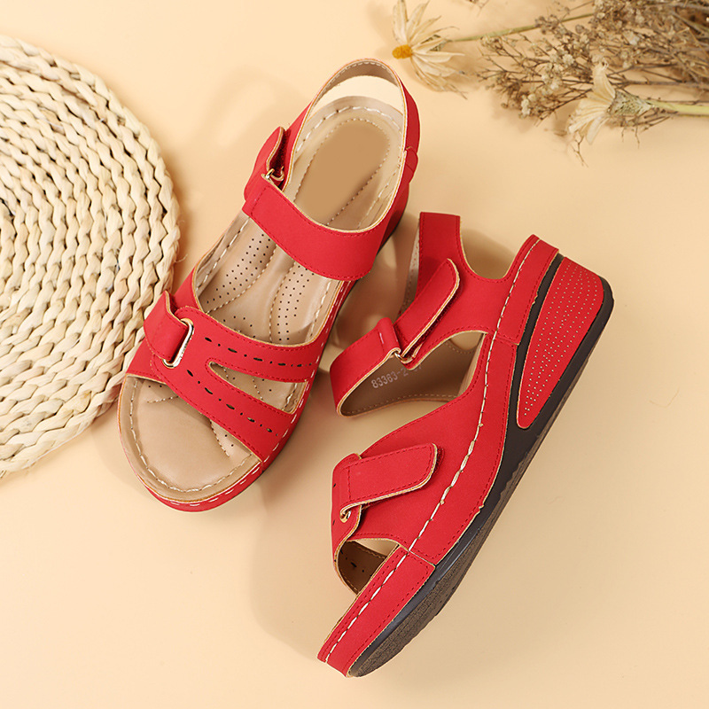 womens retro wedge heeled sandals solid color open toe hook loop shoes casual summer sandals details 9