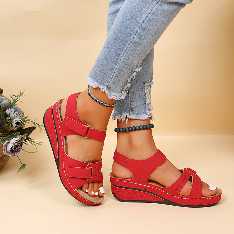 womens retro wedge heeled sandals solid color open toe hook loop shoes casual summer sandals details 17