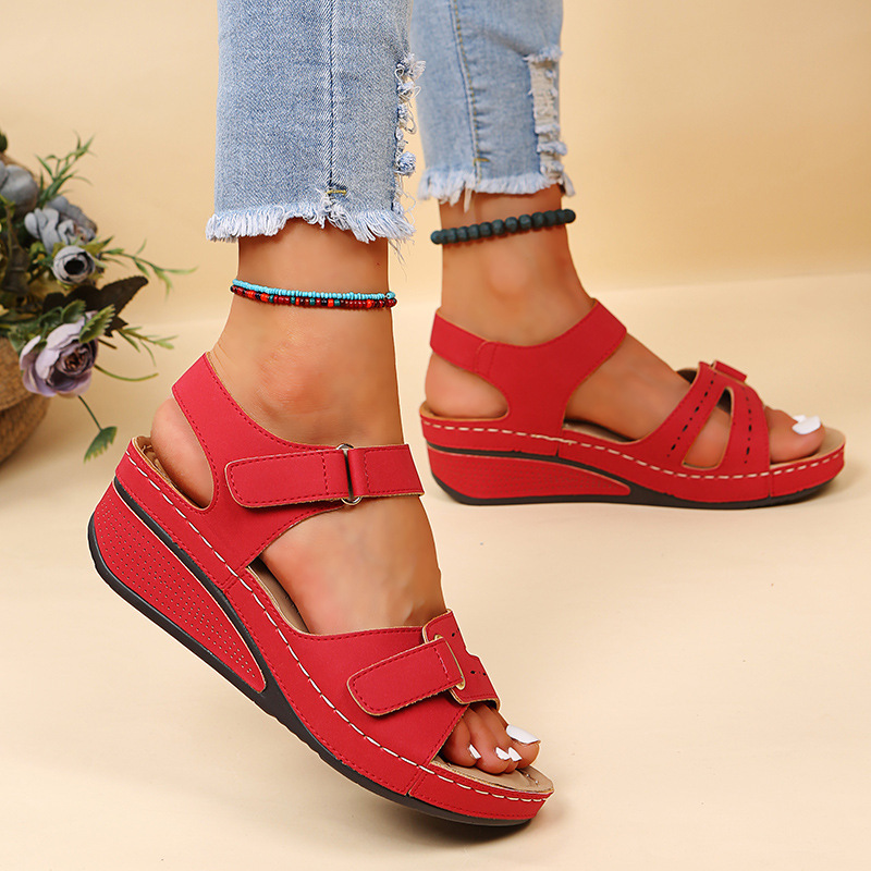 womens retro wedge heeled sandals solid color open toe hook loop shoes casual summer sandals details 19