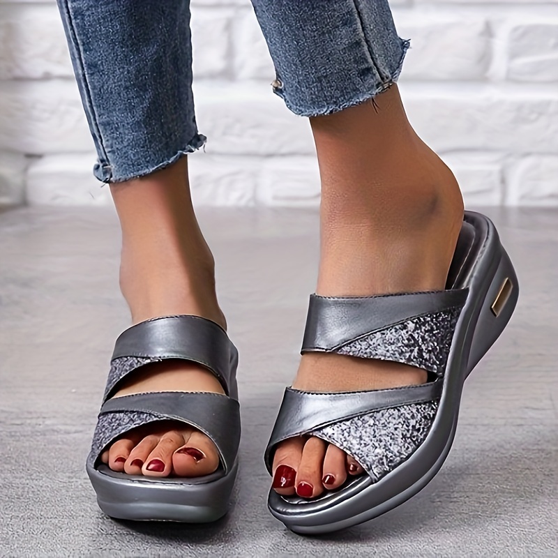 womens glitter decor wedge sandals casual slip on platform sandals comfortable summer shoes for carnival details 6