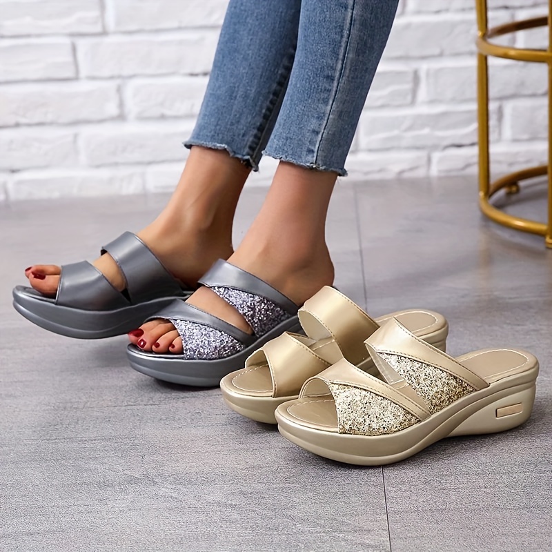 womens glitter decor wedge sandals casual slip on platform sandals comfortable summer shoes for carnival details 7