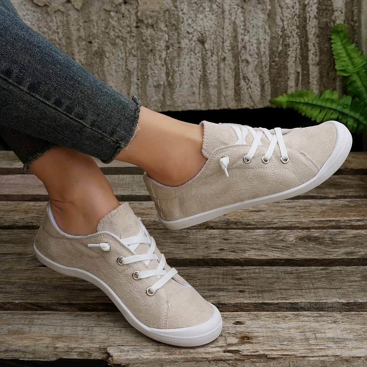 womens solid color flat canvas shoes casual lightweight lace up sneakers womens all match outdoor shoes details 2