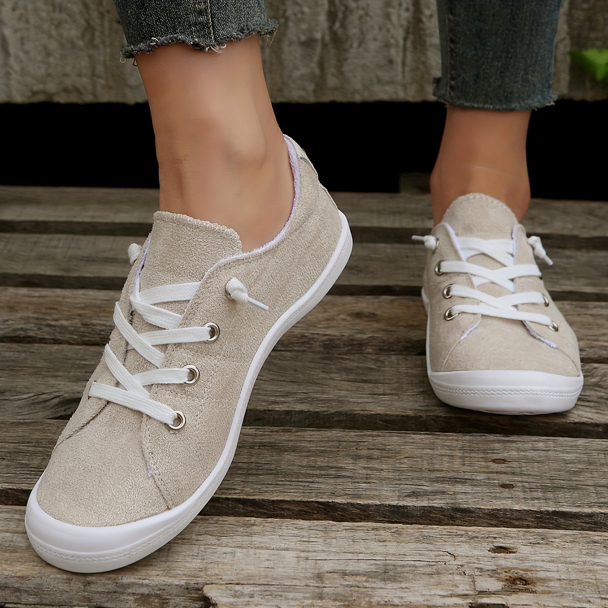 womens solid color flat canvas shoes casual lightweight lace up sneakers womens all match outdoor shoes details 4