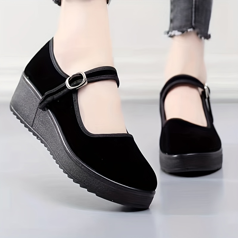 womens solid color flatform shoes suede pattern round toe low top buckle strap soft sole shoes casual walking shoes details 2