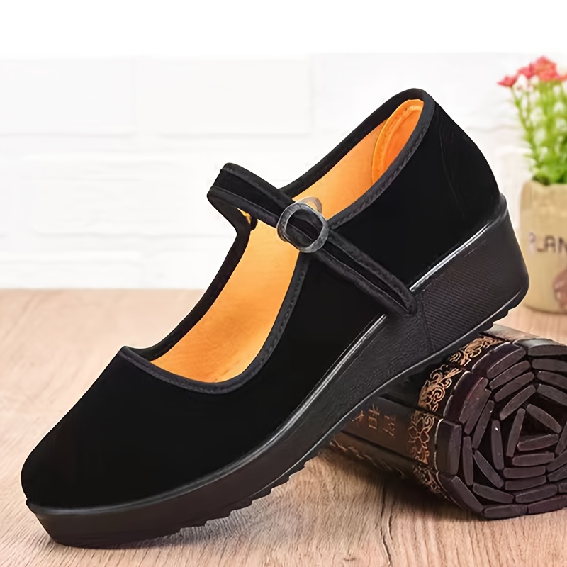 womens solid color flatform shoes suede pattern round toe low top buckle strap soft sole shoes casual walking shoes details 7