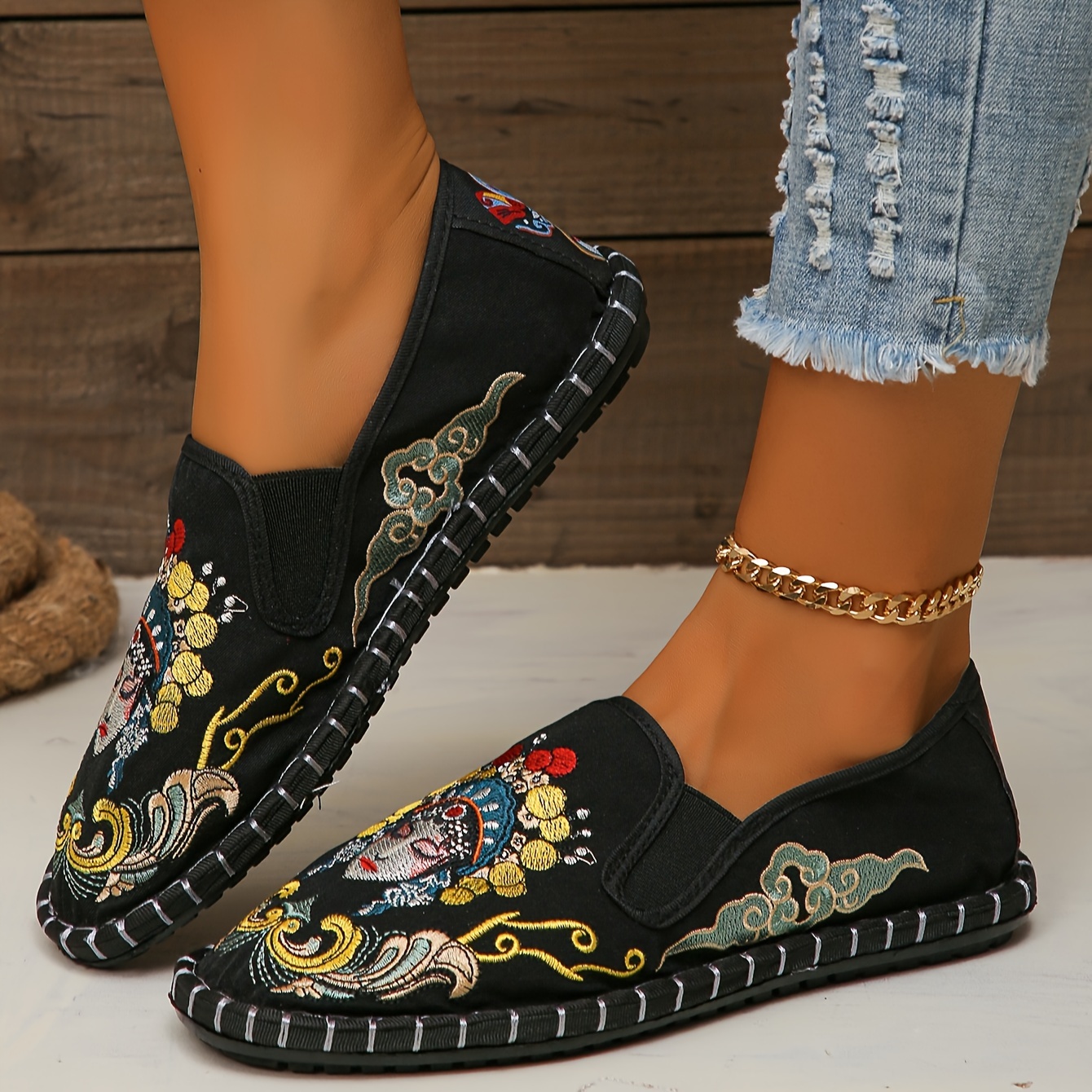 womens china peking opera embroidered flats casual breathable cloth slip on shoes lightweight low top flats details 0