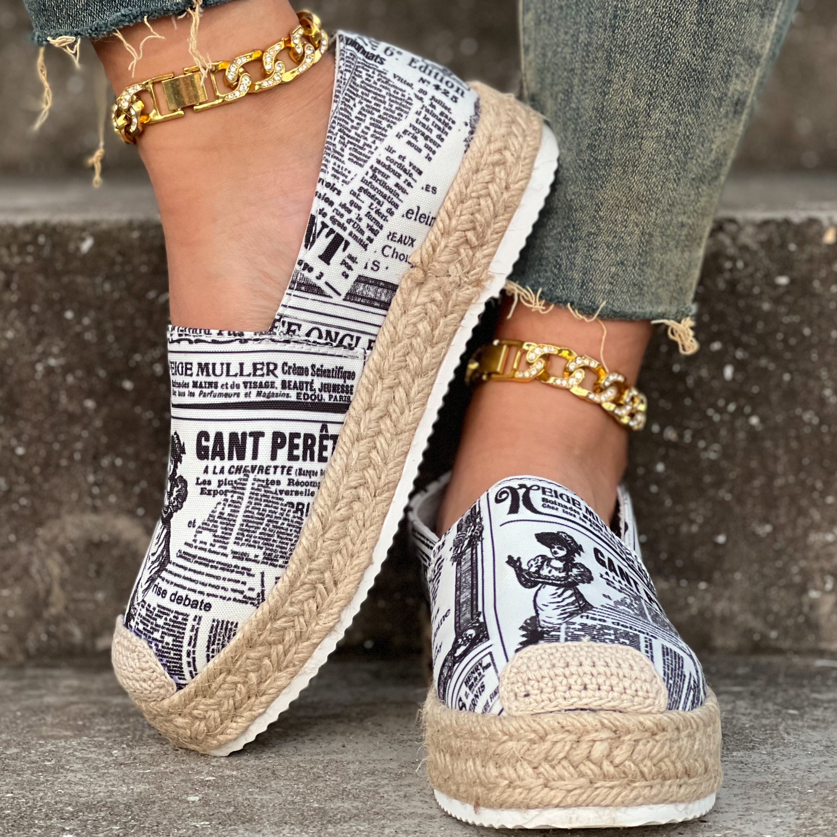 womens letter print canvas shoes casual slip on outdoor shoes comfortable platform espadrille shoes details 4