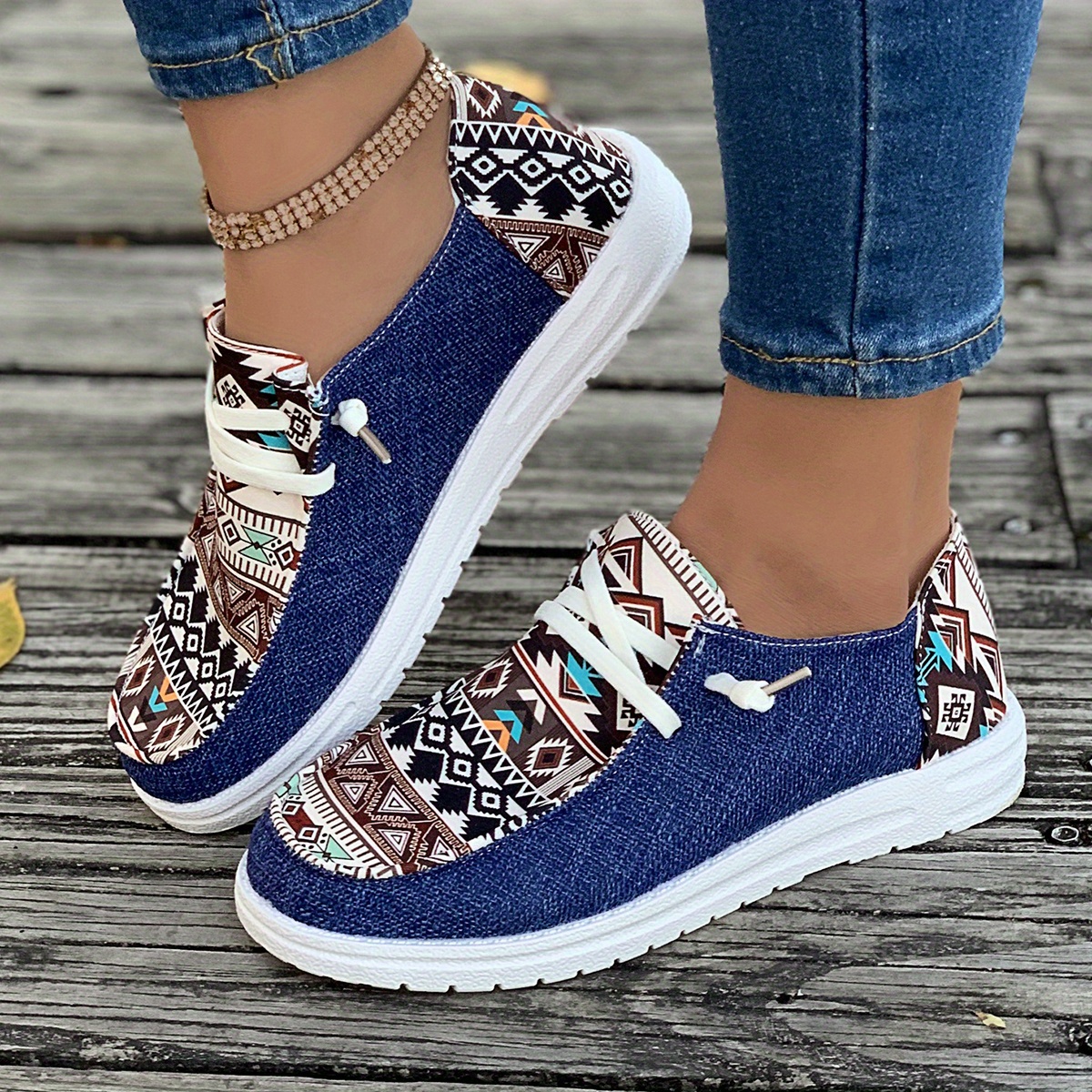 womens tribal pattern canvas shoes casual round toe low top flat sneakers lightweight outdoor walking shoes details 1