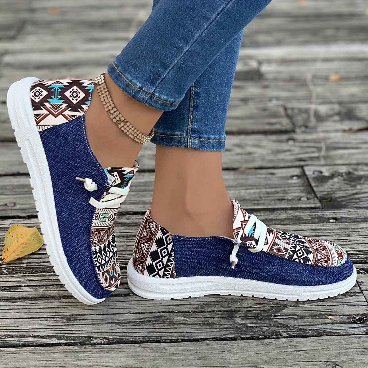 womens tribal pattern canvas shoes casual round toe low top flat sneakers lightweight outdoor walking shoes details 2