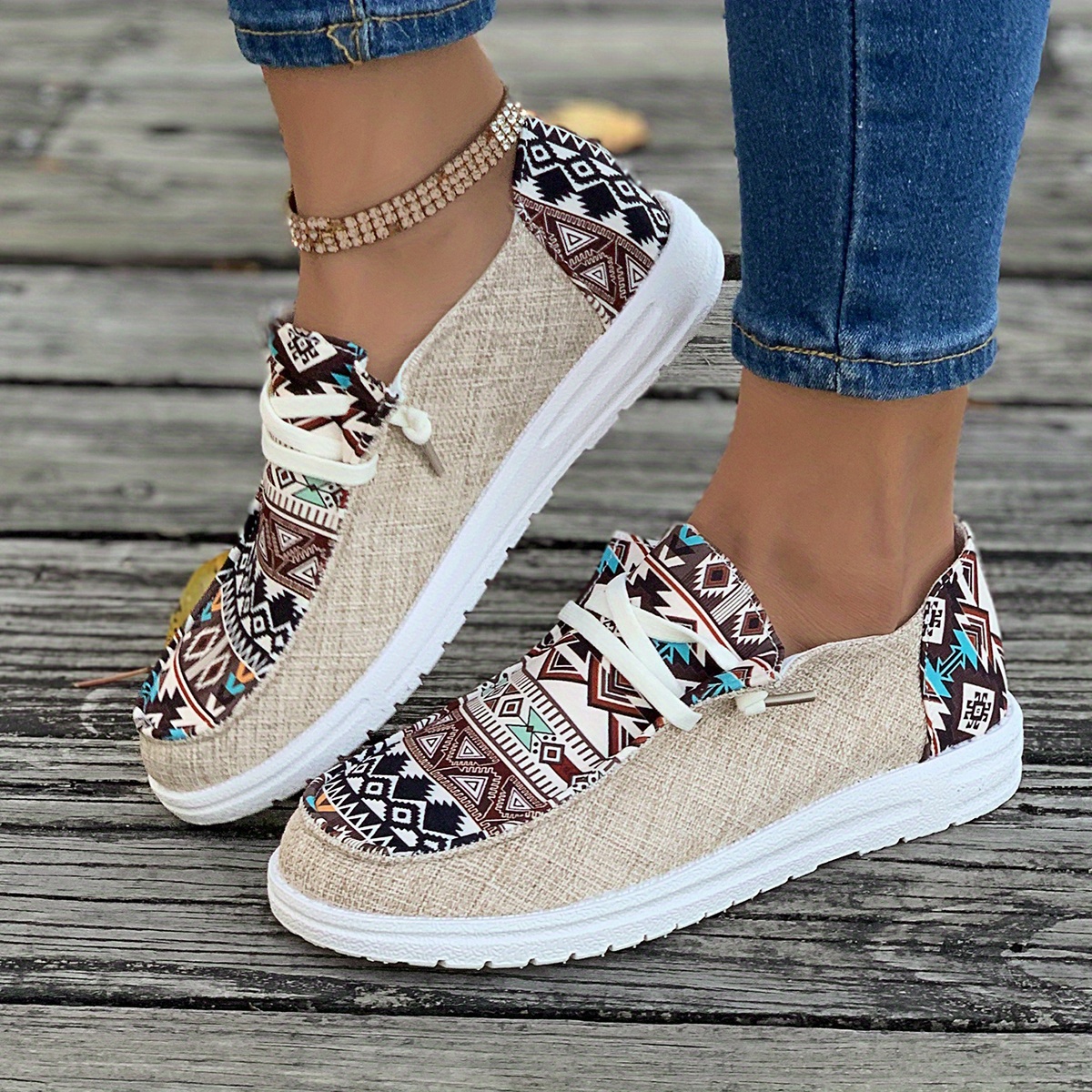 womens tribal pattern canvas shoes casual round toe low top flat sneakers lightweight outdoor walking shoes details 3