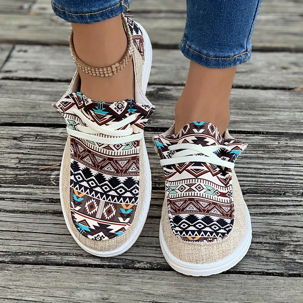 womens tribal pattern canvas shoes casual round toe low top flat sneakers lightweight outdoor walking shoes details 4