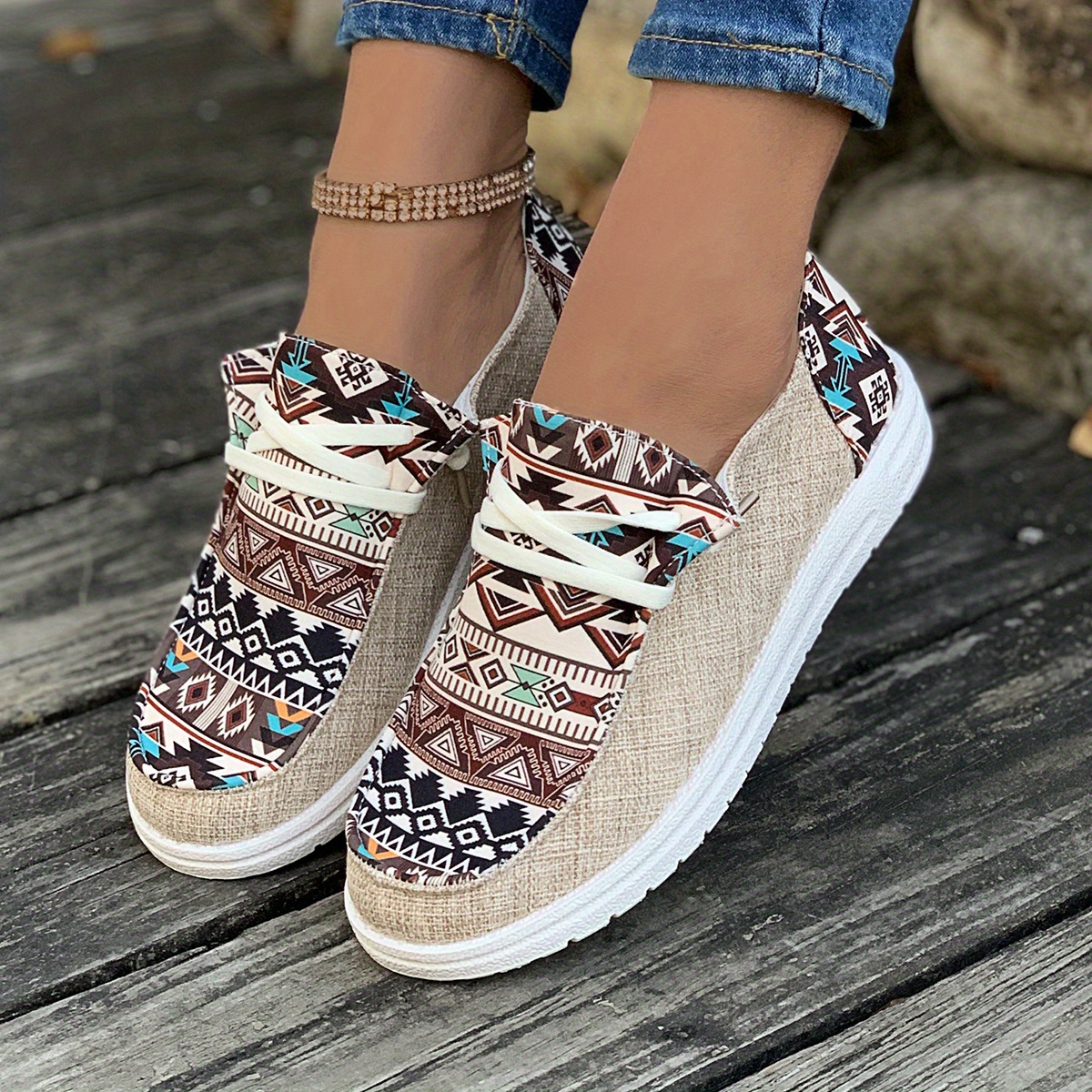 womens tribal pattern canvas shoes casual round toe low top flat sneakers lightweight outdoor walking shoes details 5