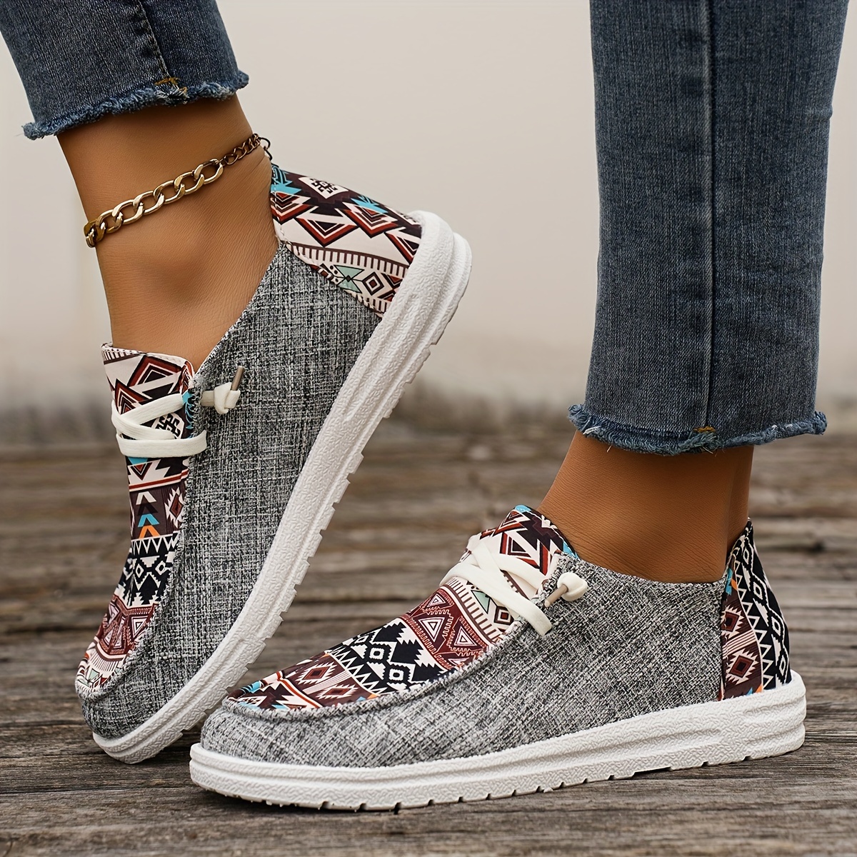 womens tribal pattern canvas shoes casual round toe low top flat sneakers lightweight outdoor walking shoes details 6