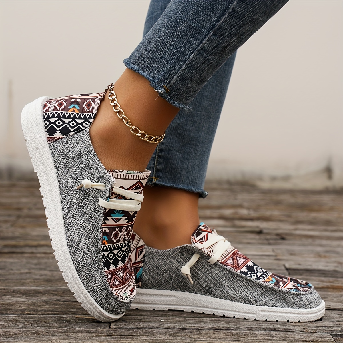 womens tribal pattern canvas shoes casual round toe low top flat sneakers lightweight outdoor walking shoes details 7