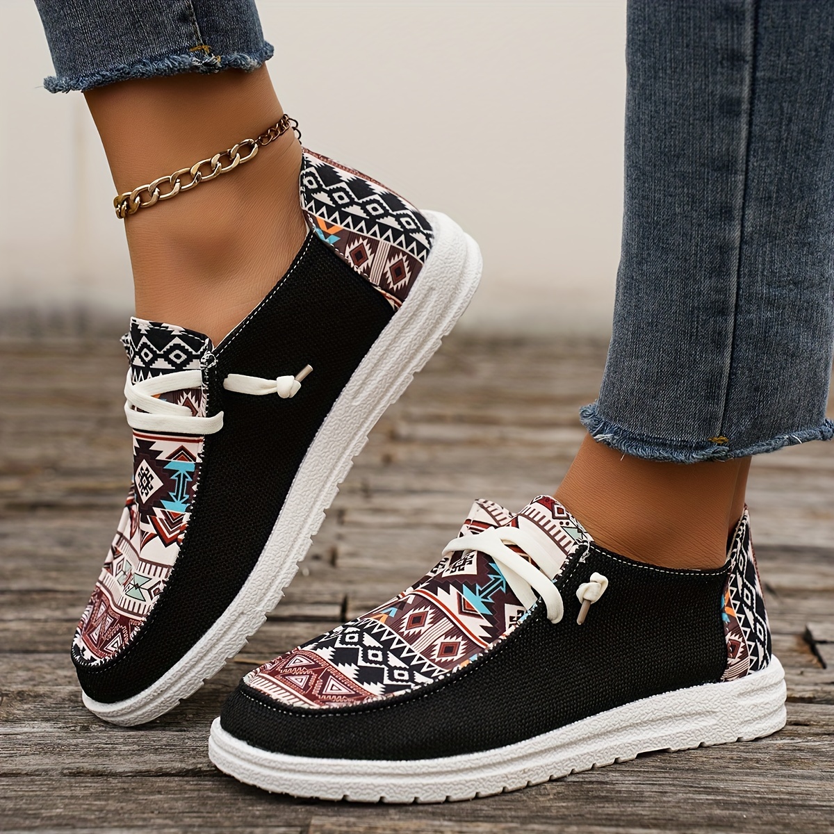 womens tribal pattern canvas shoes casual round toe low top flat sneakers lightweight outdoor walking shoes details 8