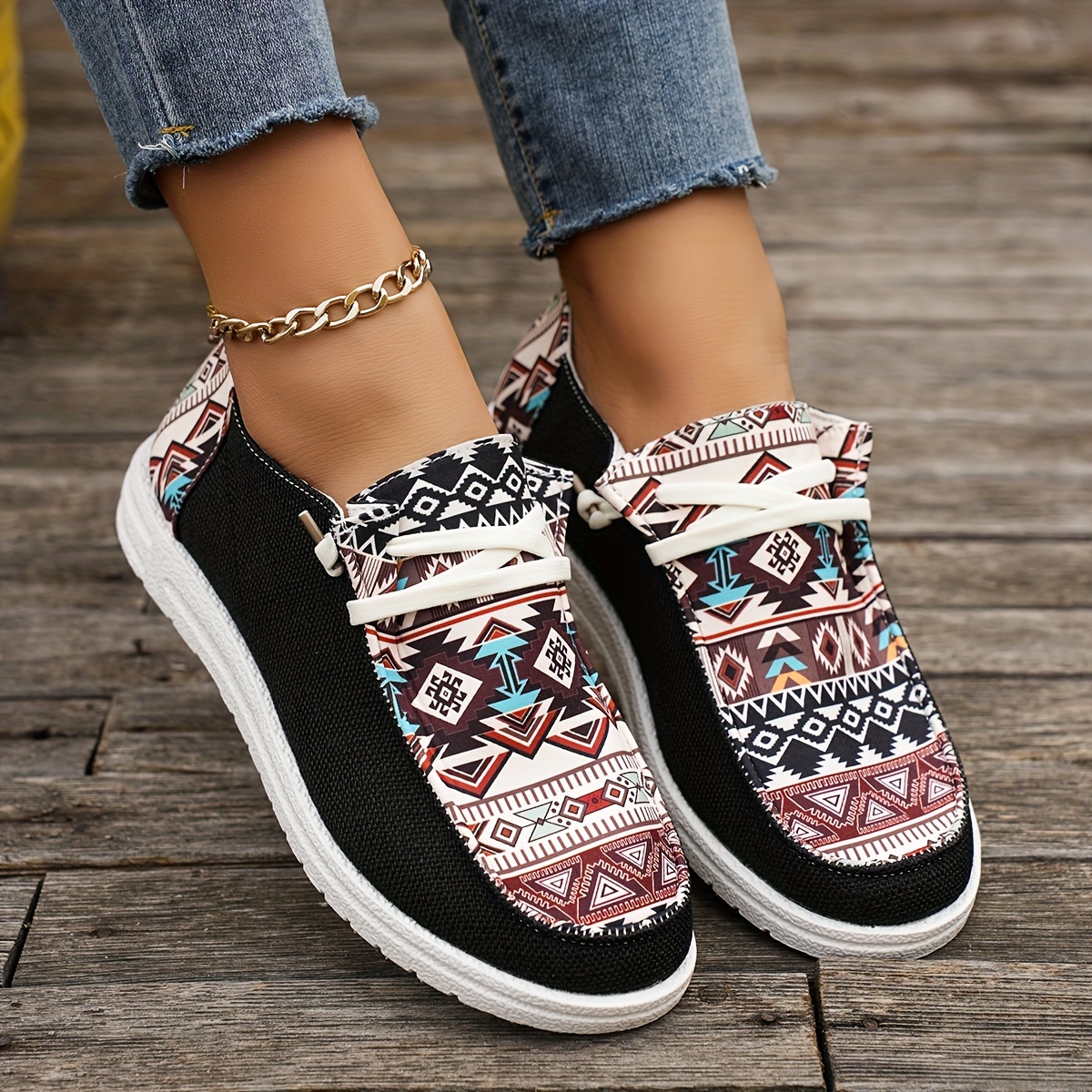 womens tribal pattern canvas shoes casual round toe low top flat sneakers lightweight outdoor walking shoes details 9