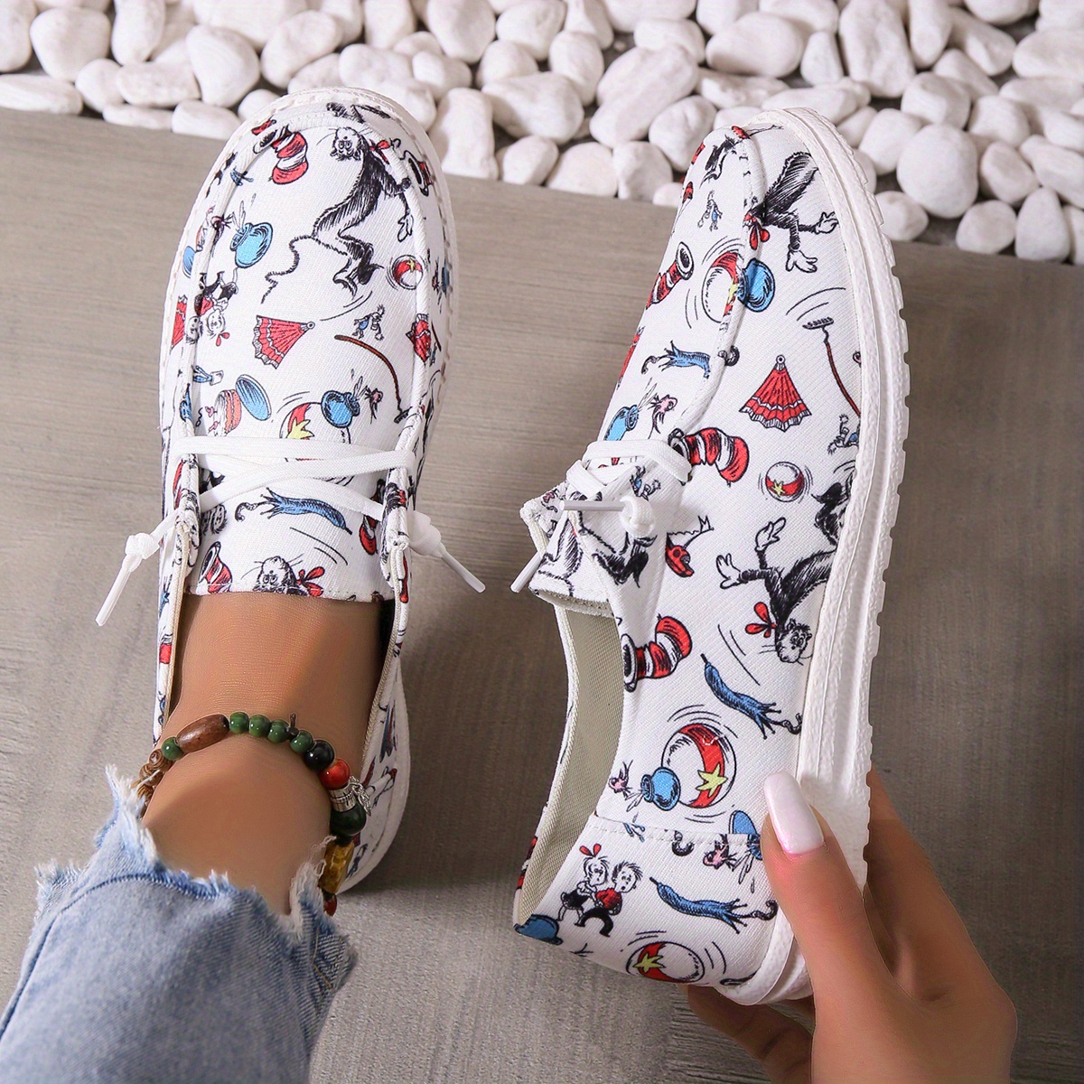 womens cartoon print canvas shoes casual round toe low top slip on shoes lightweight flat walking shoes details 0