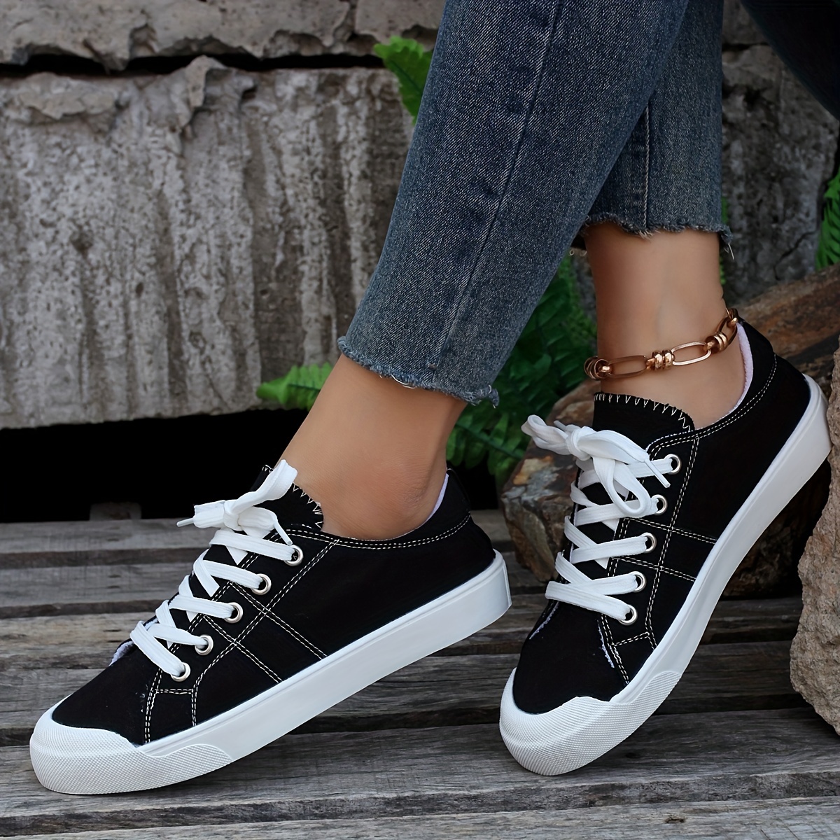 womens balck canvas shoes casual lace up flat sneakers womens comfy daily outdoor shoes details 0