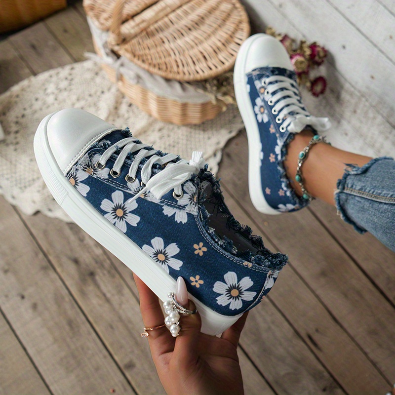 floral printed canvas shoes, womens floral printed canvas shoes round toe lace up low top sneakers casual flat walking shoes details 1