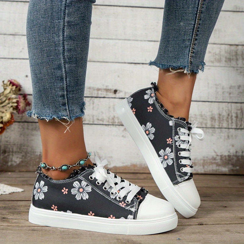 floral printed canvas shoes, womens floral printed canvas shoes round toe lace up low top sneakers casual flat walking shoes details 4