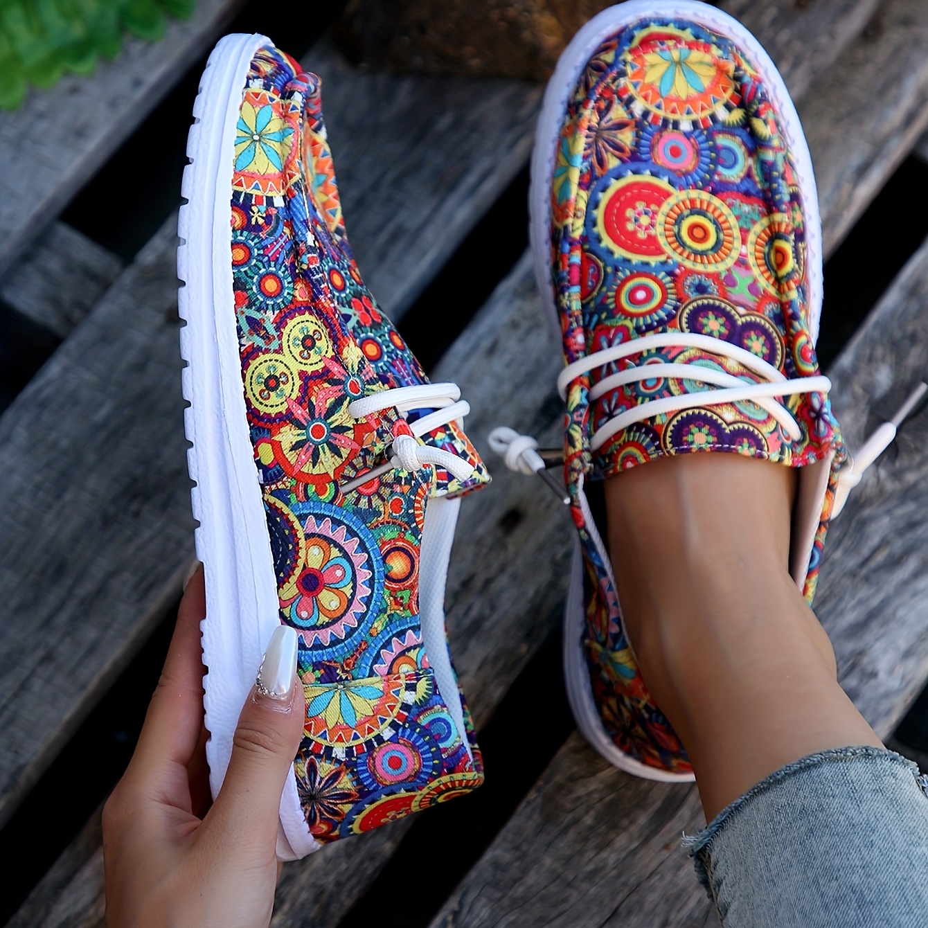 womens colorful pattern canvas shoes slip on low top round toe lightweight non slip flat shoes comfy daily shoes details 1