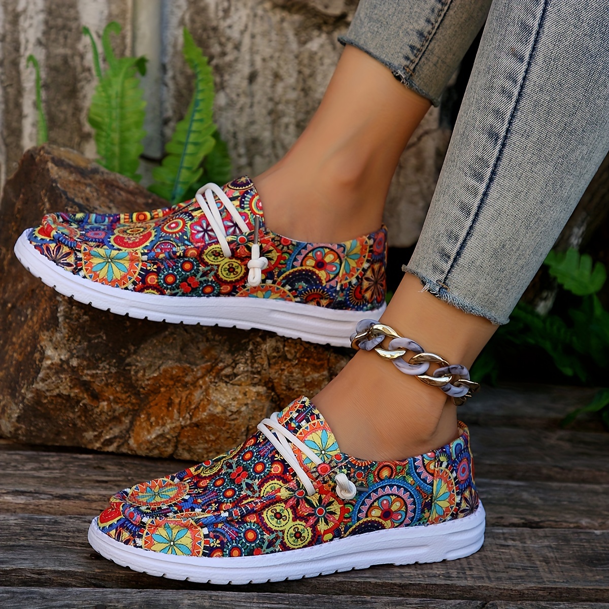 womens colorful pattern canvas shoes slip on low top round toe lightweight non slip flat shoes comfy daily shoes details 3