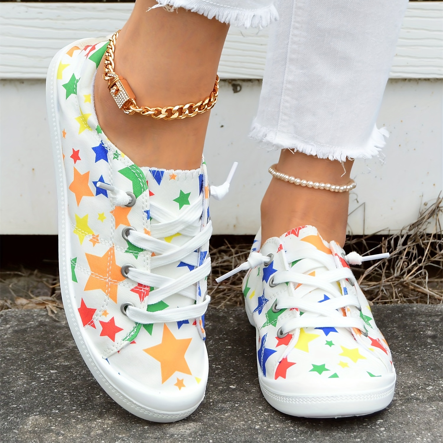 womens star printed canvas shoes colorful lace up low top flat shoes casual walking sneakers details 0