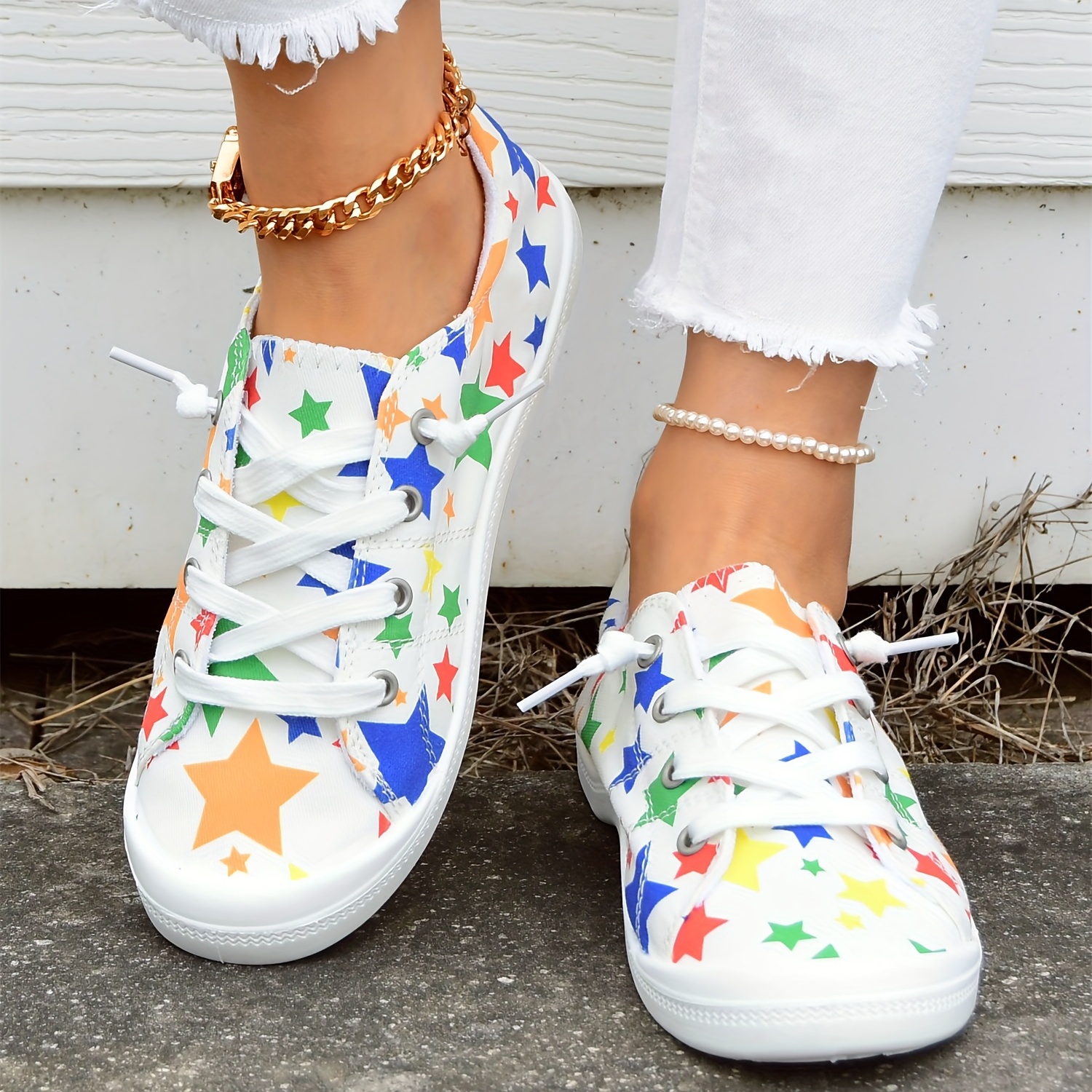 womens star printed canvas shoes colorful lace up low top flat shoes casual walking sneakers details 3