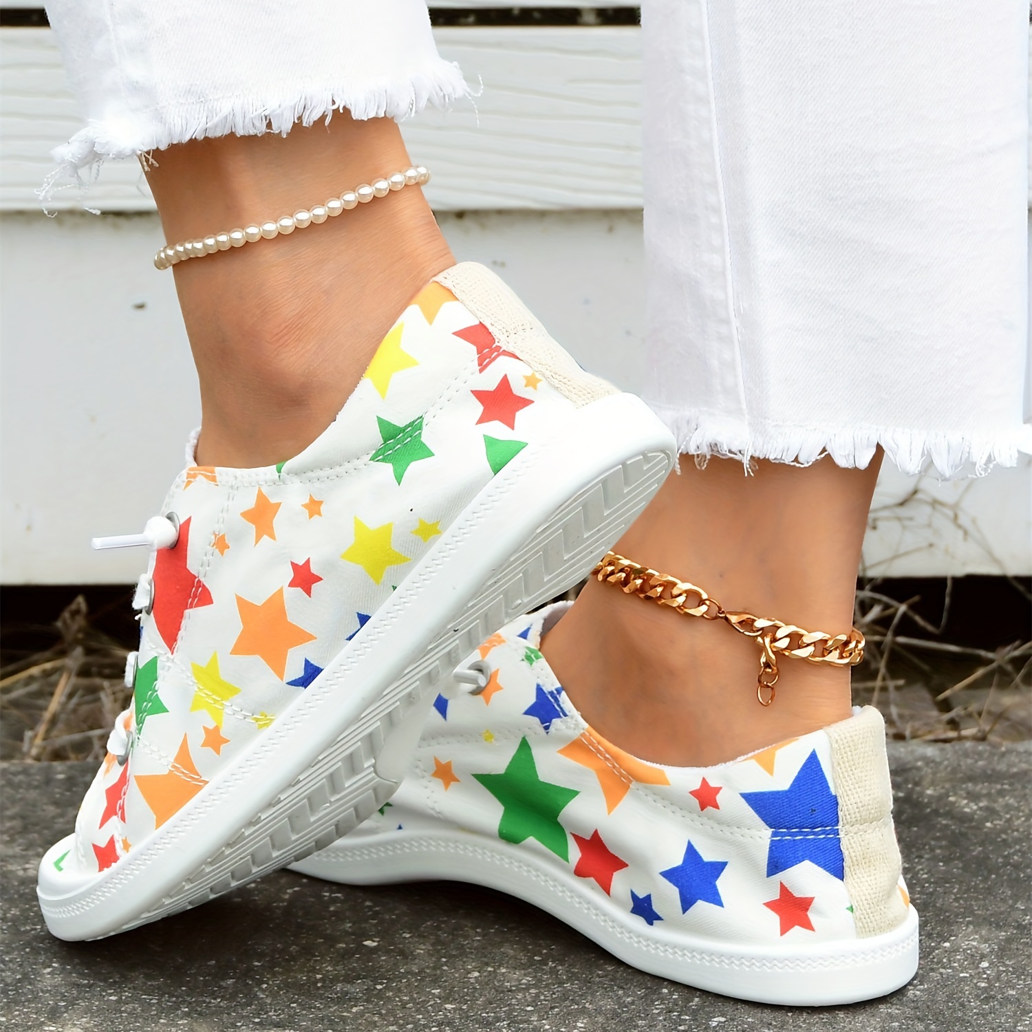 womens star printed canvas shoes colorful lace up low top flat shoes casual walking sneakers details 4