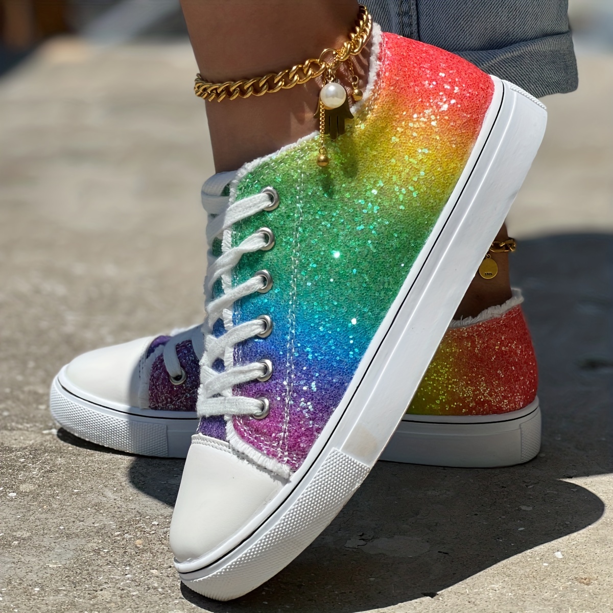 womens glitter rainbow print canvas shoes stylish lace up outdoor shoes comfortable low top sneakers for carnival details 5