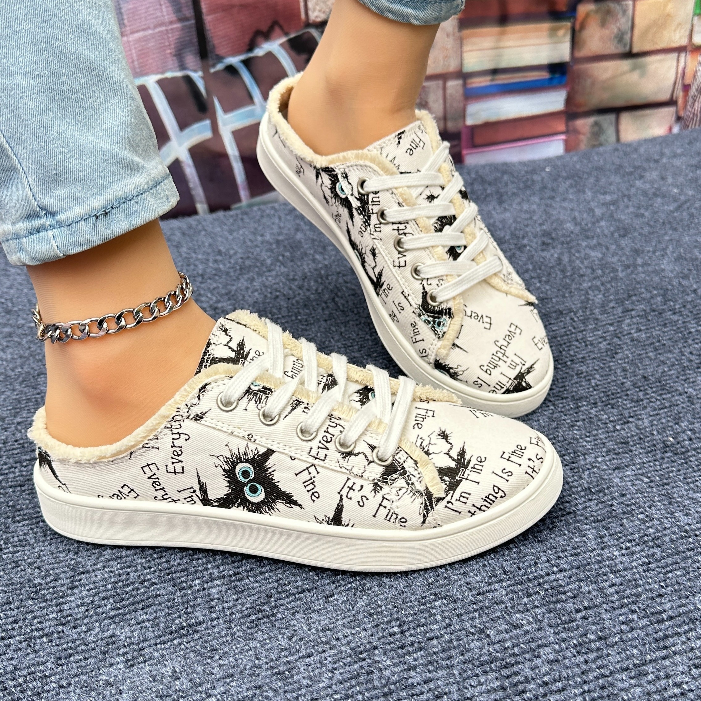 womens letter print canvas shoes casual lace up outdoor shoes lightweight low top sneakers details 0