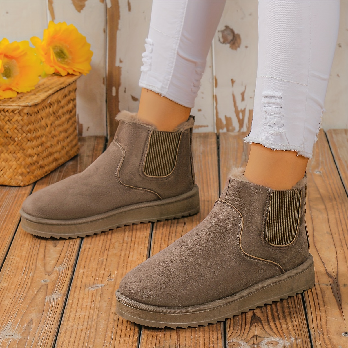 womens plus fleece snow boots winter warm slip on flat short boots thermal solid color outdoor ankle boots details 7