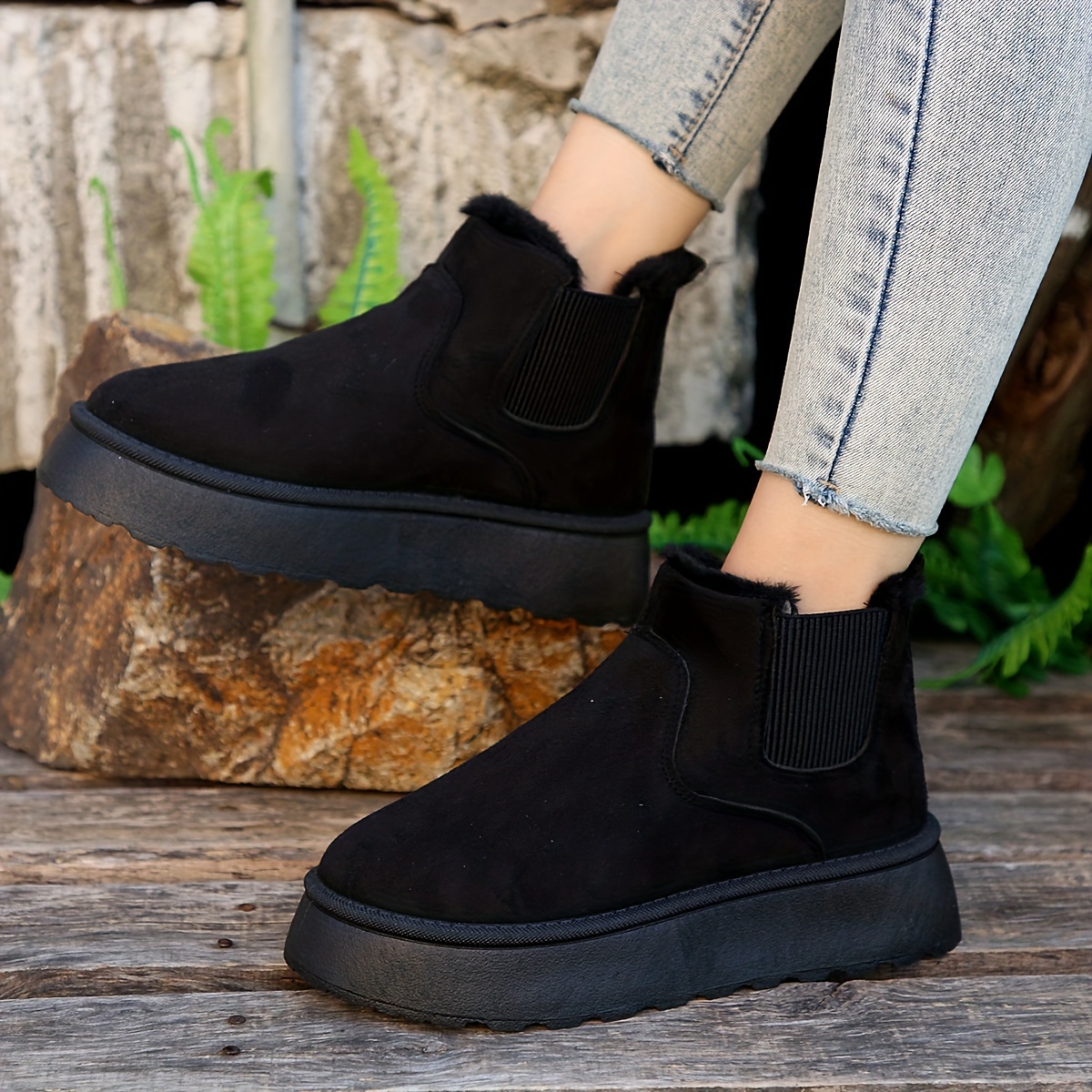 womens solid color platform short boots casual slip on plush lined shoes comfortable ankle boots details 0