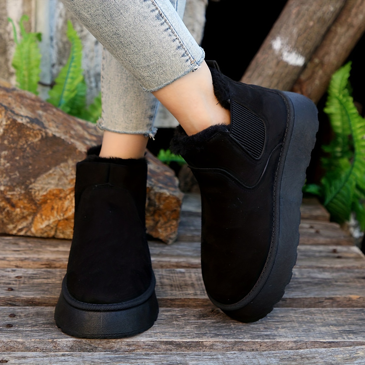 womens solid color platform short boots casual slip on plush lined shoes comfortable ankle boots details 1