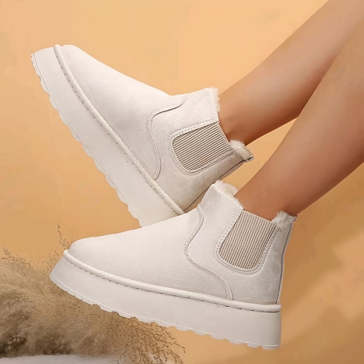 womens solid color platform short boots casual slip on plush lined shoes comfortable ankle boots details 2