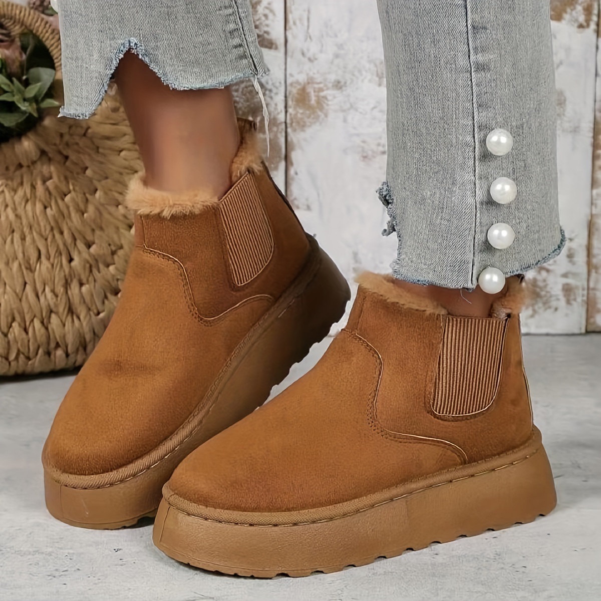 womens solid color platform short boots casual slip on plush lined shoes comfortable ankle boots details 6